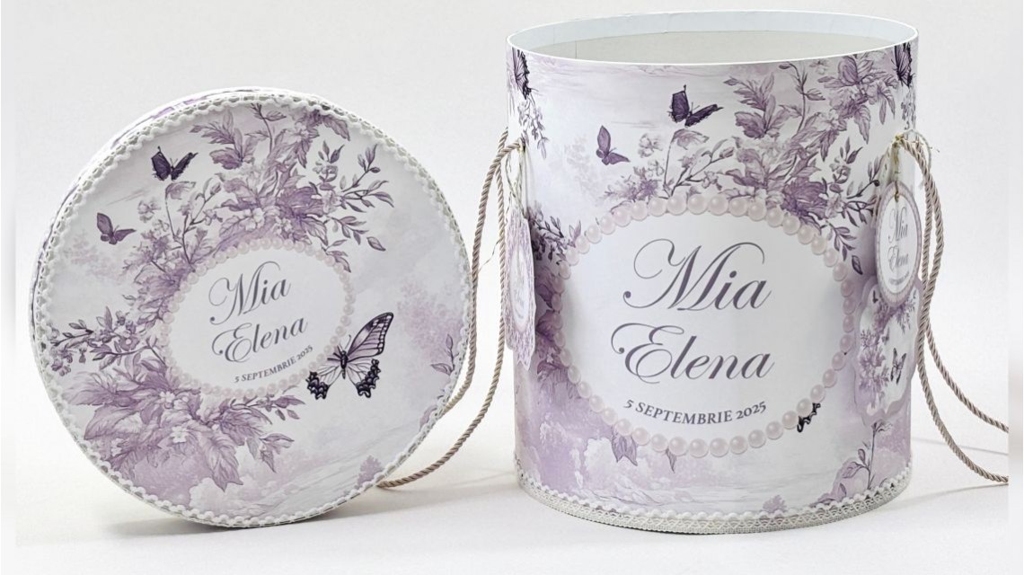 Trusou botez Purple Toile cu fluturi și flori mov personalizat 25